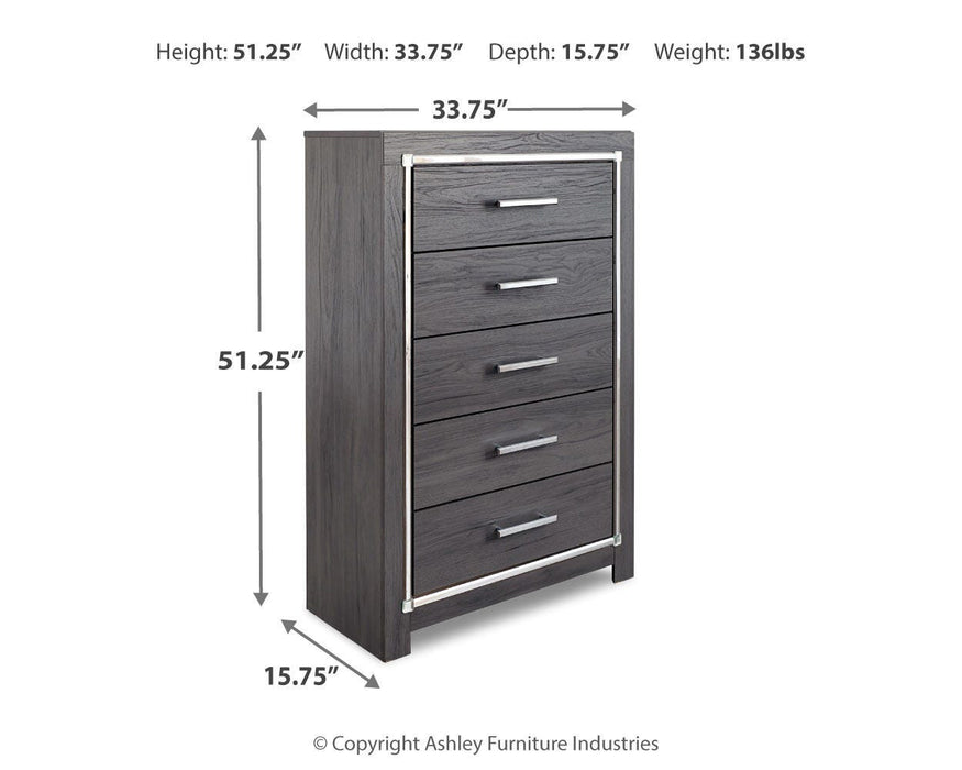 Lodanna King Panel Bed with 2 Storage Drawers, Dresser, Mirror, Chest and Nightstand