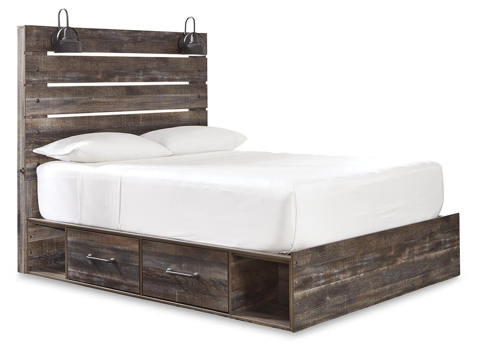 Drystan Queen Panel Bed with 2 Storage Drawers, Dresser, Mirror, Chest and Nightstand