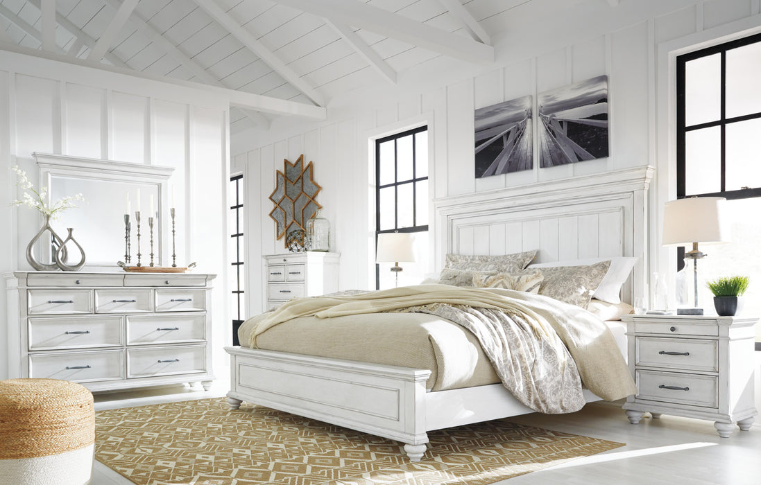 Kanwyn King Panel Bed with Mirrored Dresser, Chest and Nightstand