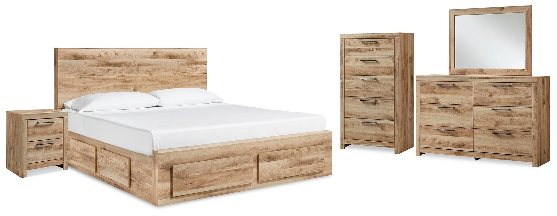 Hyanna King Panel Storage Bed with 2 Under Bed Storage Drawers, Dresser, Mirror, Chest and Nightstand