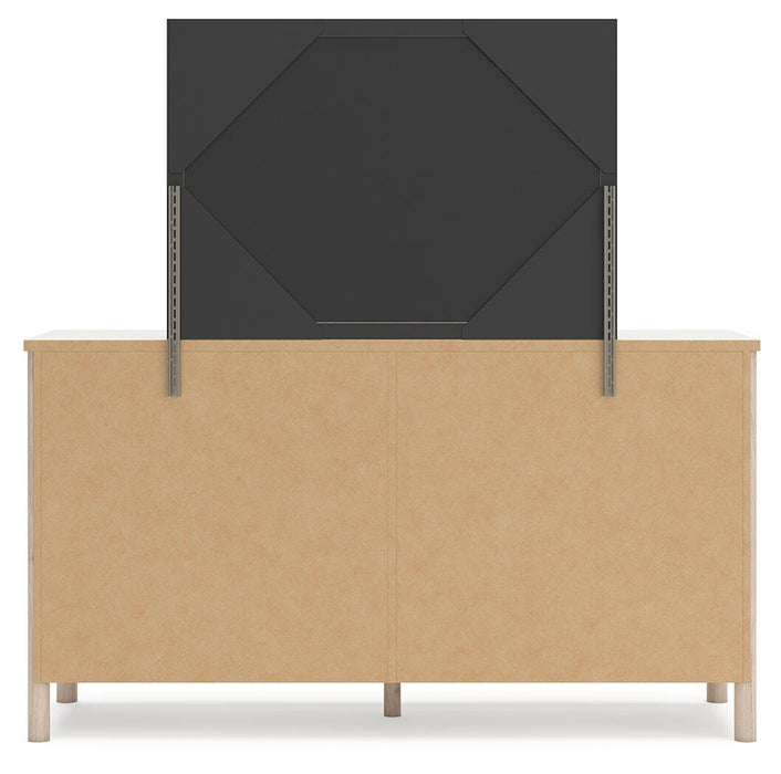 Cadmori Queen Upholstered Panel Bed with Mirrored Dresser and Nightstand