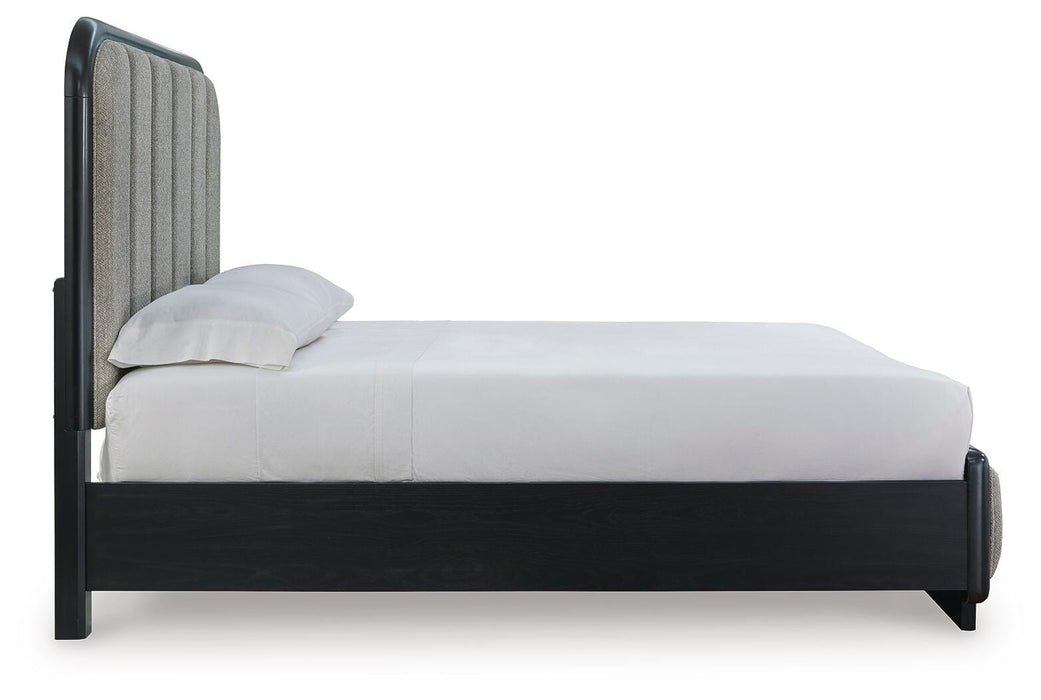 Rowanbeck Queen Upholstered Panel Bed with Mirrored Dresser