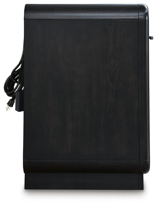 Rowanbeck California King Upholstered Panel Bed, Dresser, Mirror and Nightstand