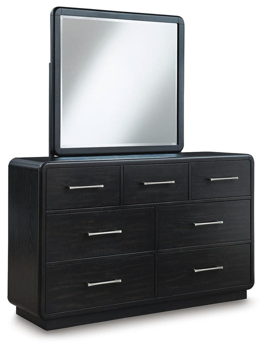 Rowanbeck King Upholstered Panel Bed, Dresser, Mirror, Chest and Nightstand