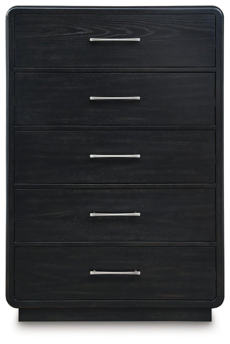 Rowanbeck King Upholstered Panel Bed, Dresser, Mirror, Chest and Nightstand
