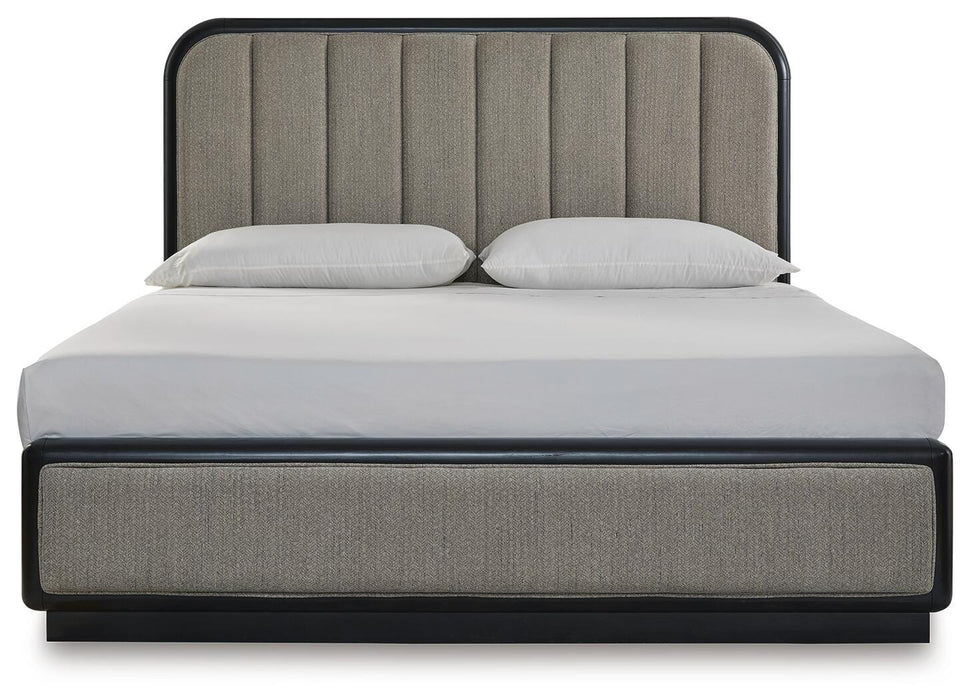 Rowanbeck King Upholstered Panel Bed, Dresser, Mirror, Chest and Nightstand