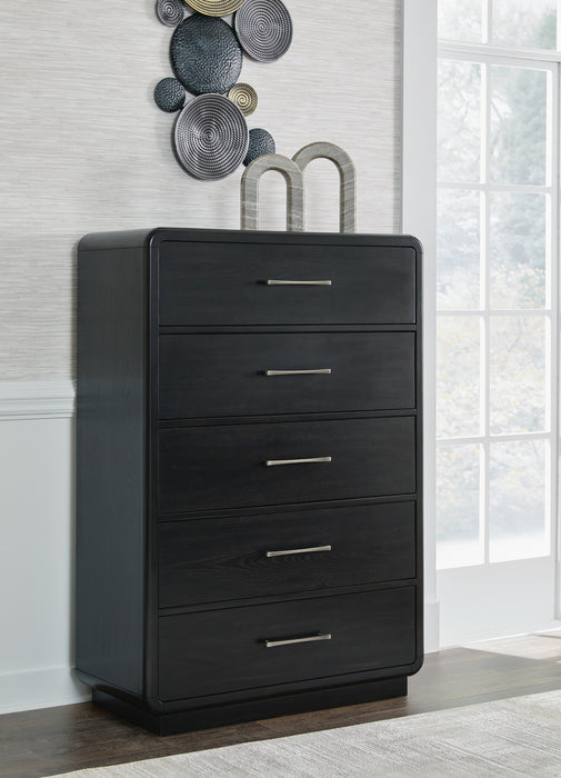 Rowanbeck King Upholstered Panel Bed, Dresser, Mirror, Chest and Nightstand