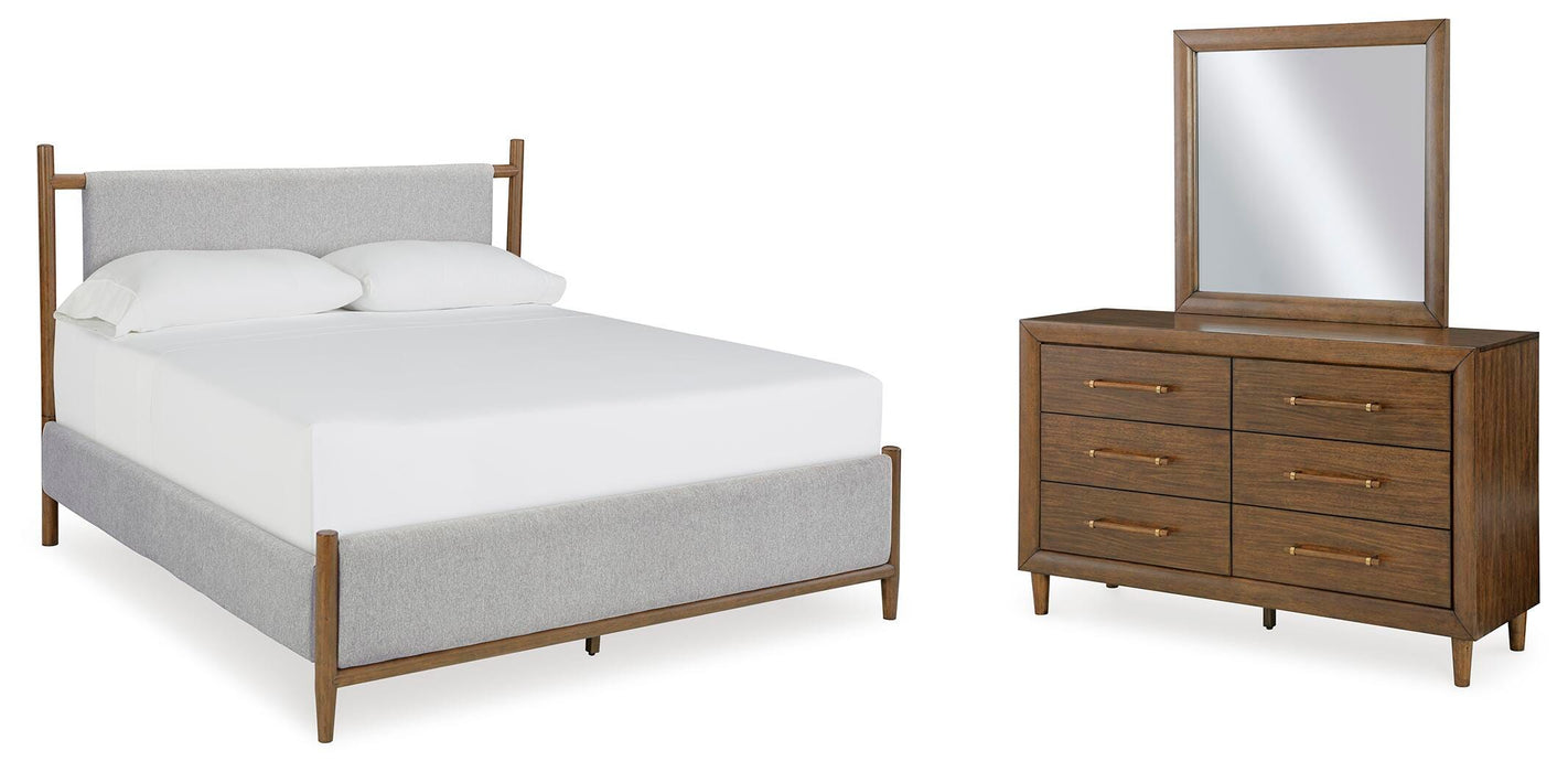 Lyncott Queen Upholstered Bed with Mirrored Dresser