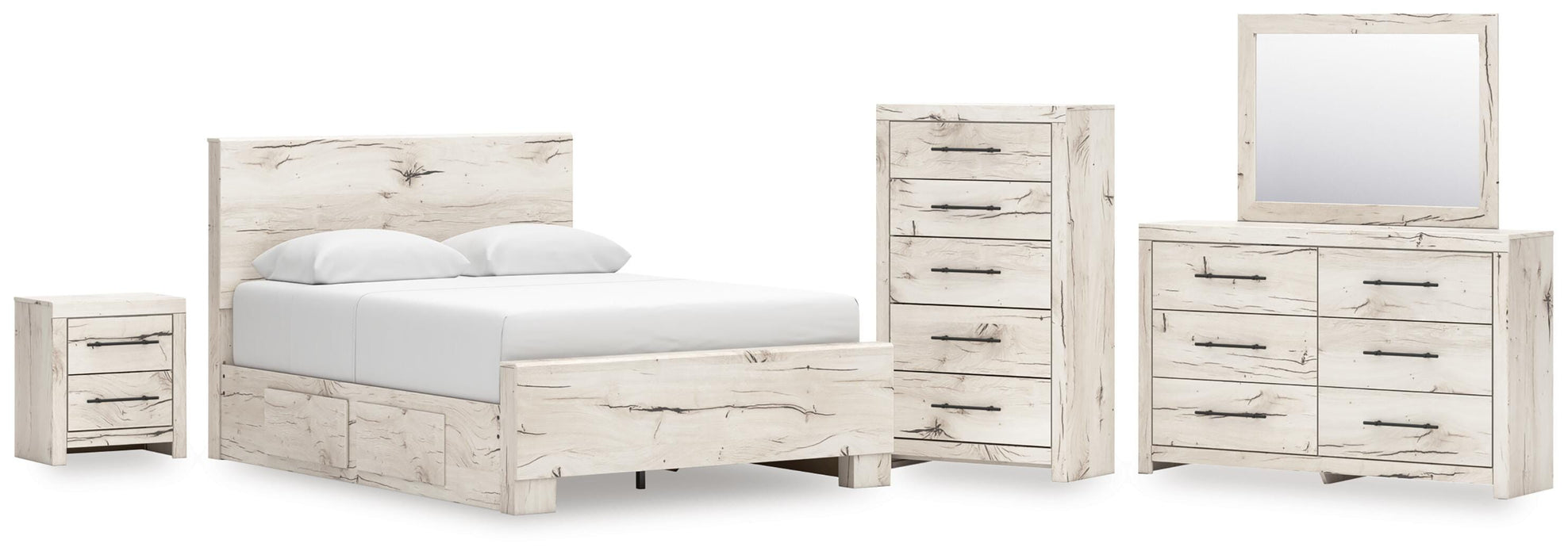Lawroy Queen Panel Bed with Storage, Dresser, Mirror, Chest and Nightstand