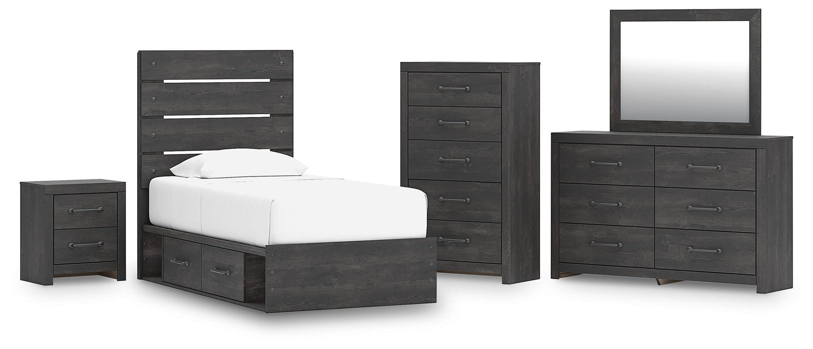 Hollivern Twin Panel Bed with Storage, Dresser, Mirror, Chest and Nightstand