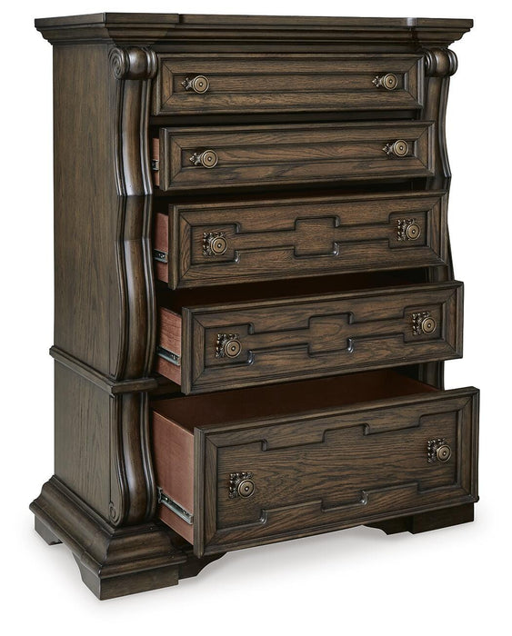 Maylee King Canopy Bed, Dresser, Mirror, Chest and Nightstand