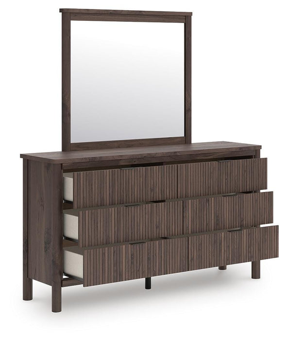 Pamytta King Upholstered Panel Platform Bed, Dresser and Mirror