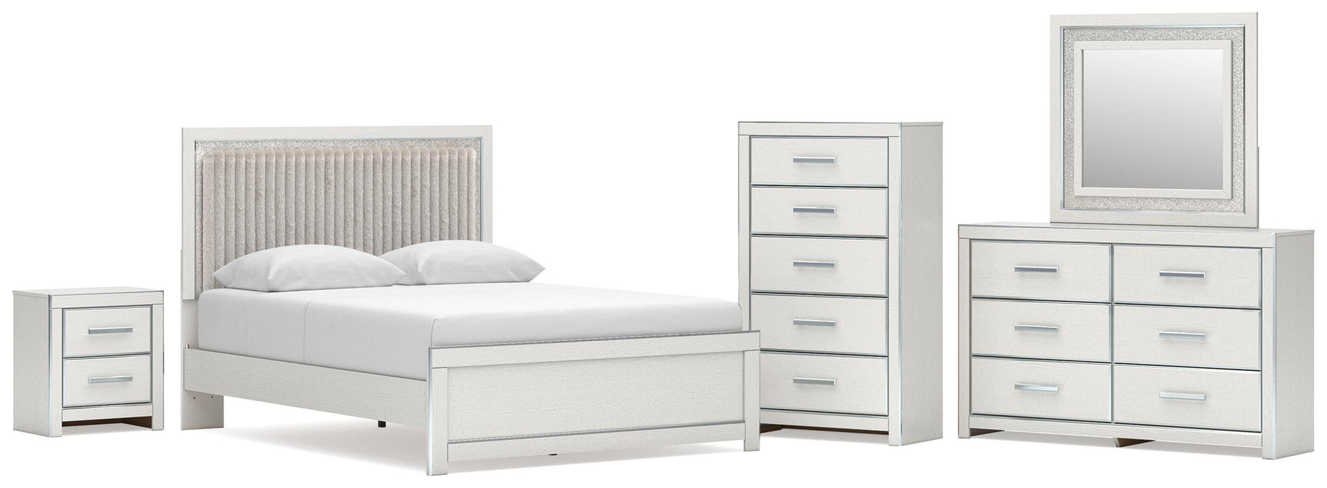 Zuraleus Queen Upholstered Panel Platform Bed, Dresser, Mirror, Chest and Nightstand