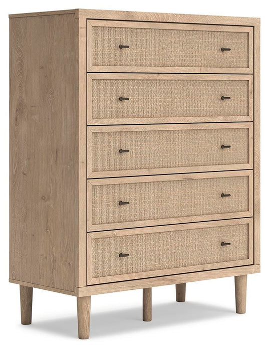 Cielden Queen Upholstered Bed with Roll Slats, Dresser, Mirror, Chest and Nightstand