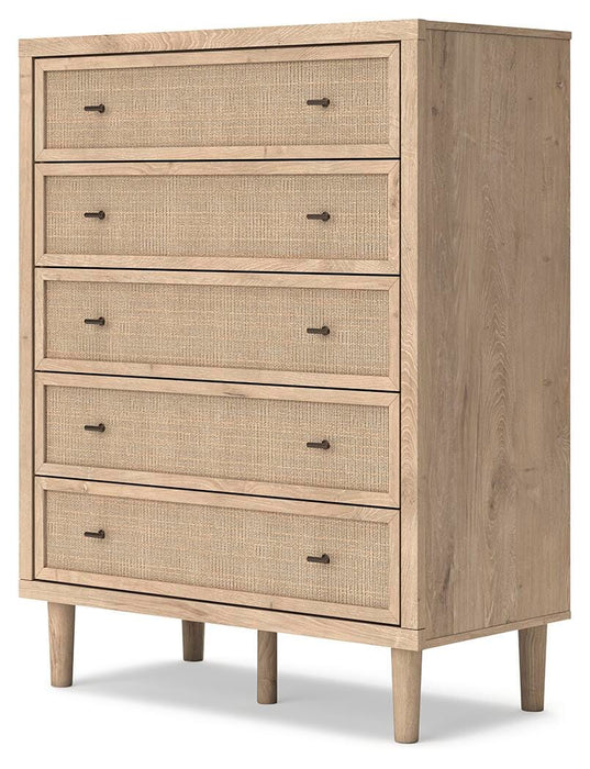 Cielden Queen Upholstered Bed with Roll Slats, Dresser, Mirror, Chest and Nightstand