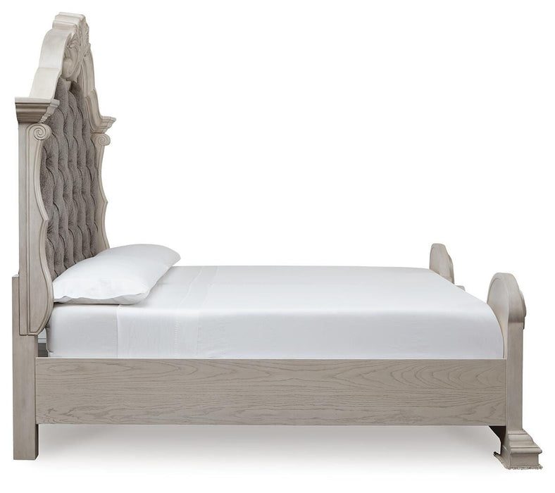 Bruchandi King Upholstered Panel Bed with Mirrored Dresser