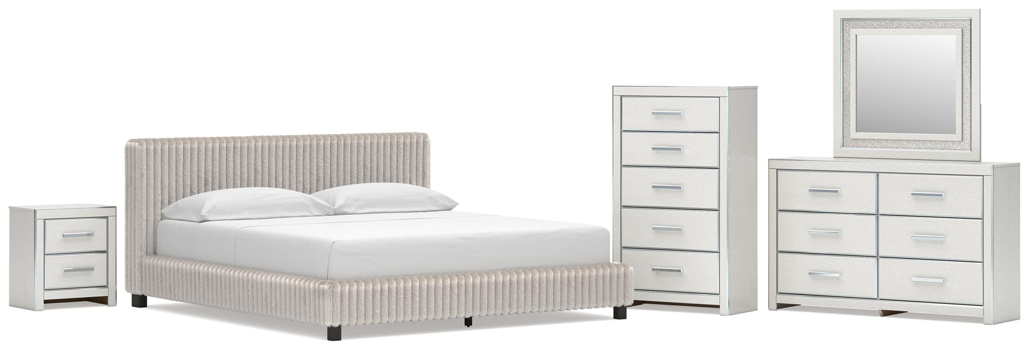 Zuraleus California King Upholstered Bed, Dresser, Mirror, Chest and Nightstand