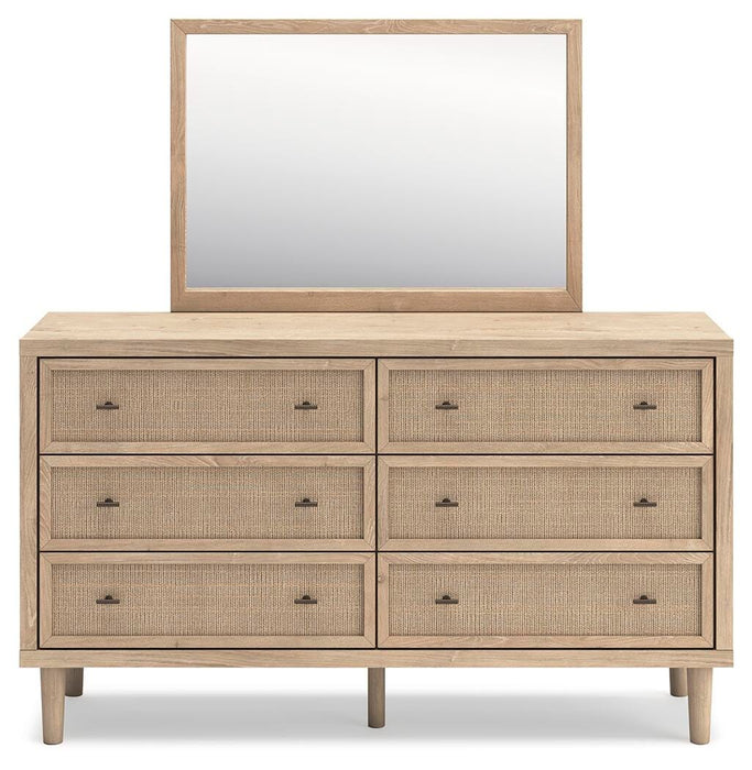 Cielden Full Upholstered Bed with Roll Slats, Dresser and Mirror