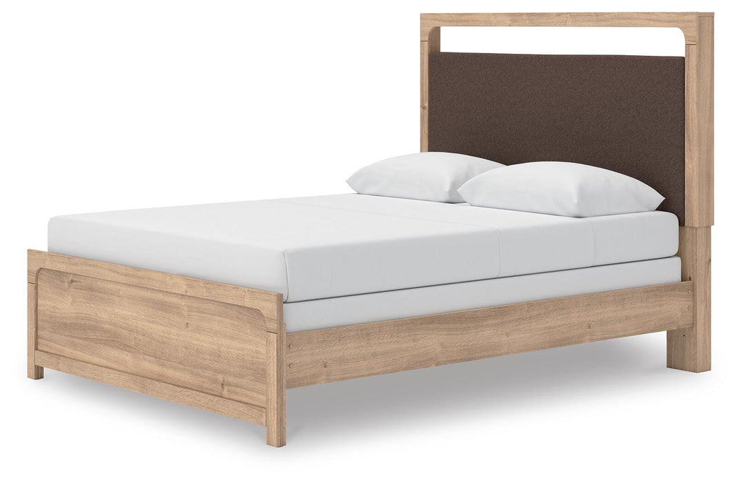 Kinlanni Queen Upholstered Panel Bed, Dresser, Mirror and Nightstand