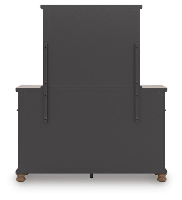 Rowlenstown California King Poster Bed with Mirrored Dresser and Nightstand