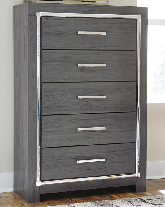 Lodanna Full Upholstered Panel Headboard Bed with Mirrored Dresser, Chest and Nightstand