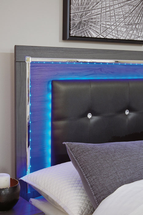 Lodanna Full Upholstered Panel Headboard Bed with Mirrored Dresser, Chest and Nightstand