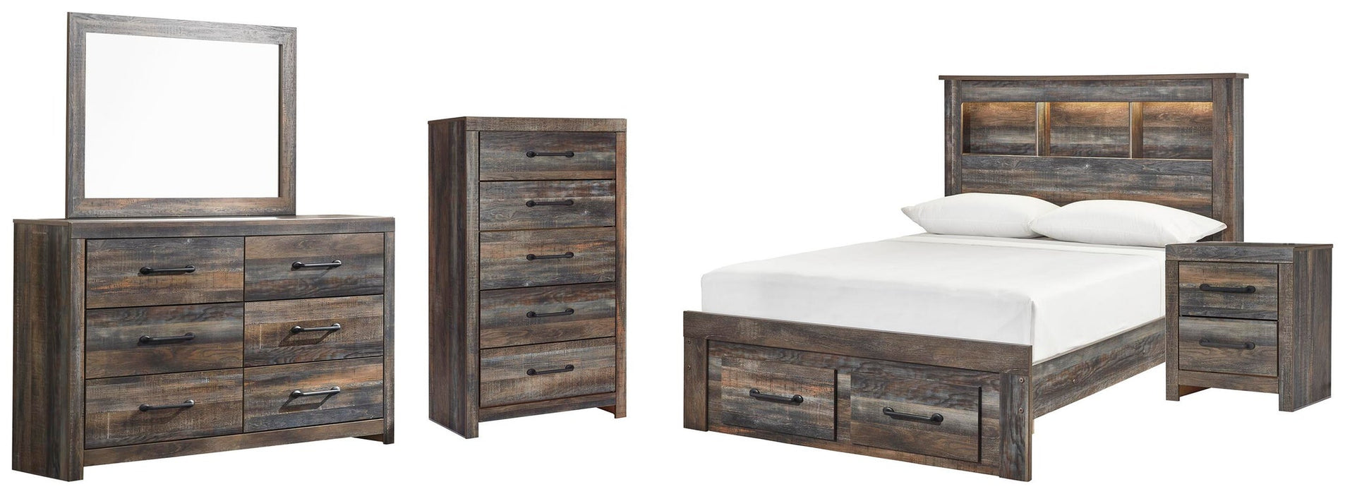 Drystan Full Bookcase Bed with 2 Storage Drawers, Dresser, Mirror, Chest and Nightstand