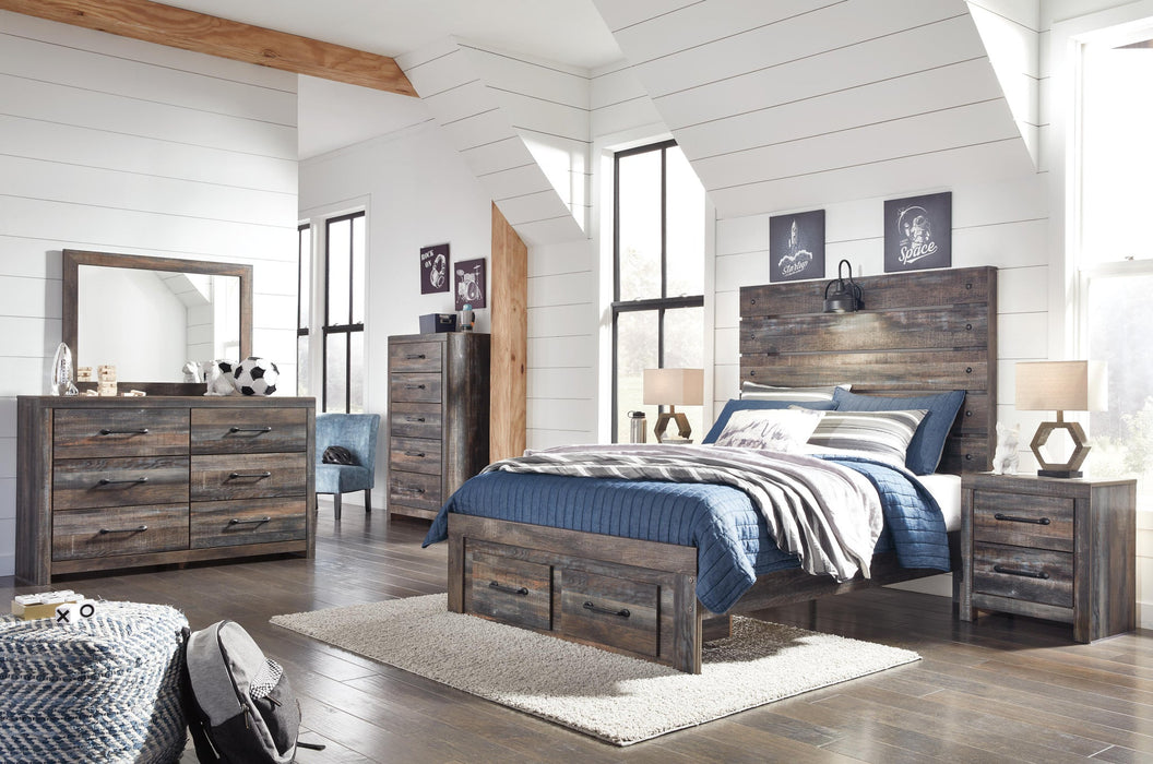 Drystan Full Panel Bed with 2 Storage Drawers with Mirrored Dresser