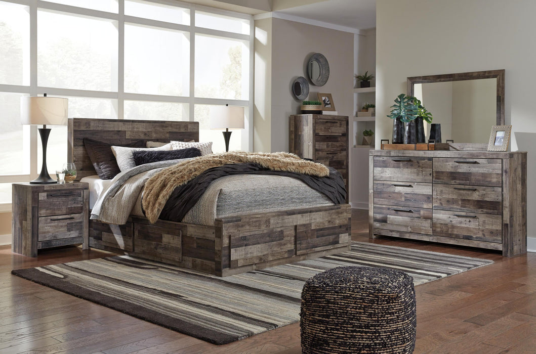 Derekson Queen Panel Bed with 6 Storage Drawers with Mirrored Dresser, Chest and Nightstand