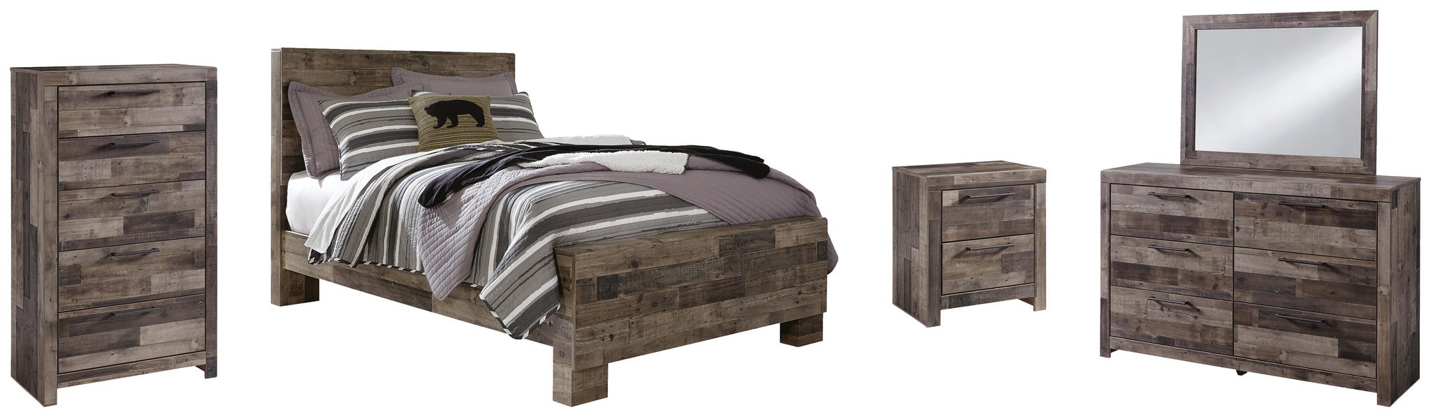 Derekson Full Panel Bed with Mirrored Dresser, Chest and Nightstand