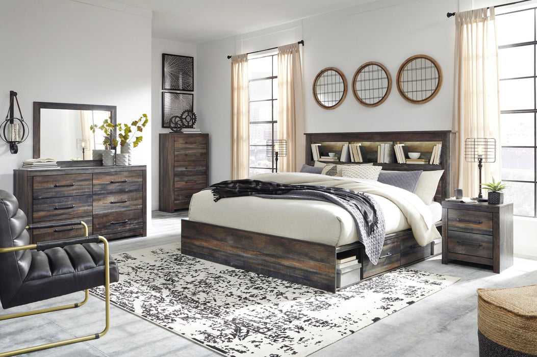 Drystan King Bookcase Bed with 2 Storage Drawers with Mirrored Dresser, Chest and Nightstand