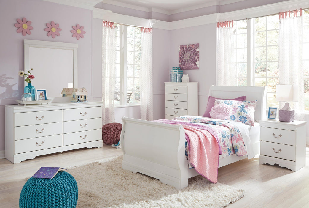 Anarasia Twin Sleigh Bed with Mirrored Dresser, Chest and Nightstand