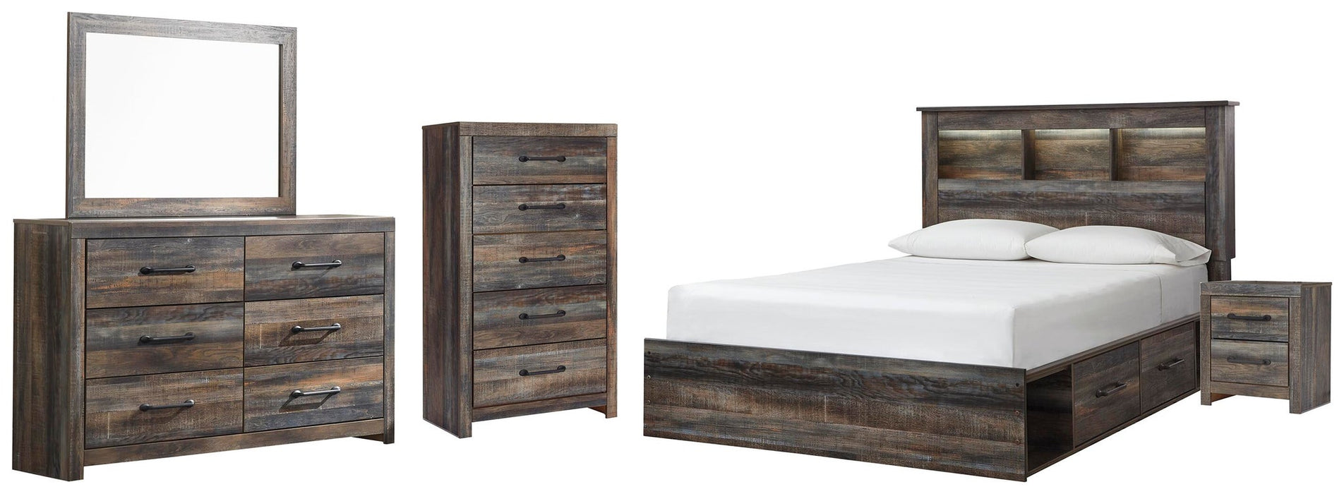 Drystan Queen Bookcase Bed with 2 Storage Drawers, Dresser, Mirror, Chest and Nightstand