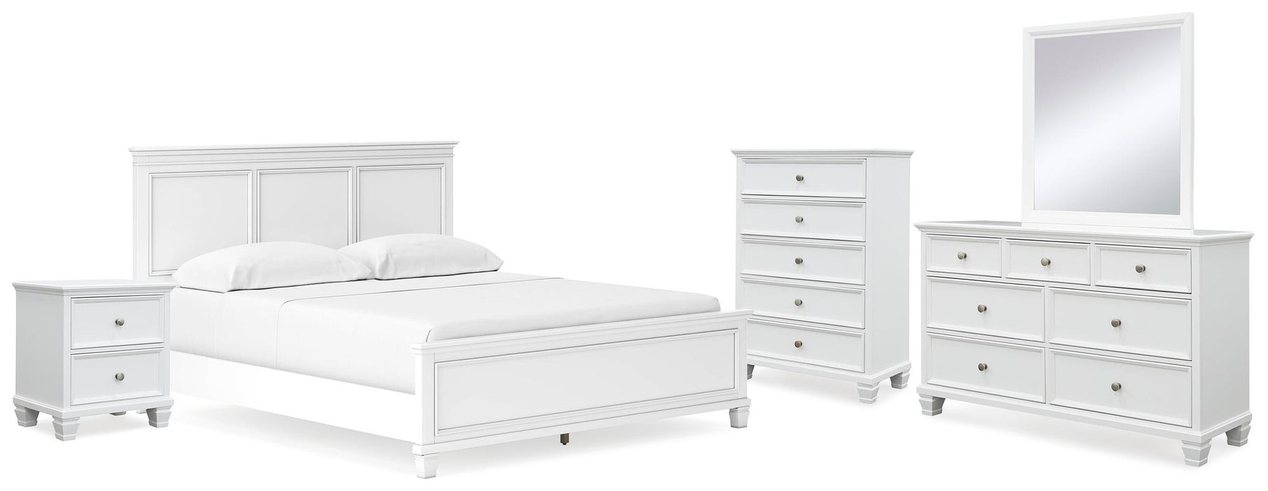 Fortman California King Panel Bed with Mirrored Dresser, Chest and Nightstand