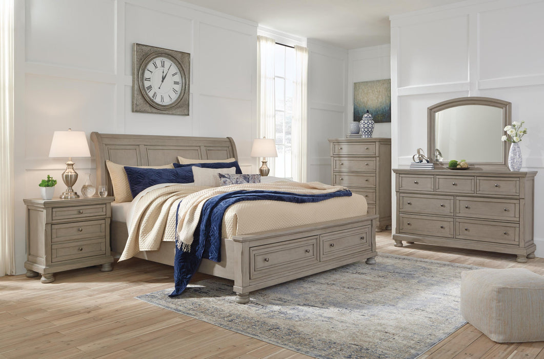 Lettner California King Sleigh Bed with Mirrored Dresser, Chest and Nightstand