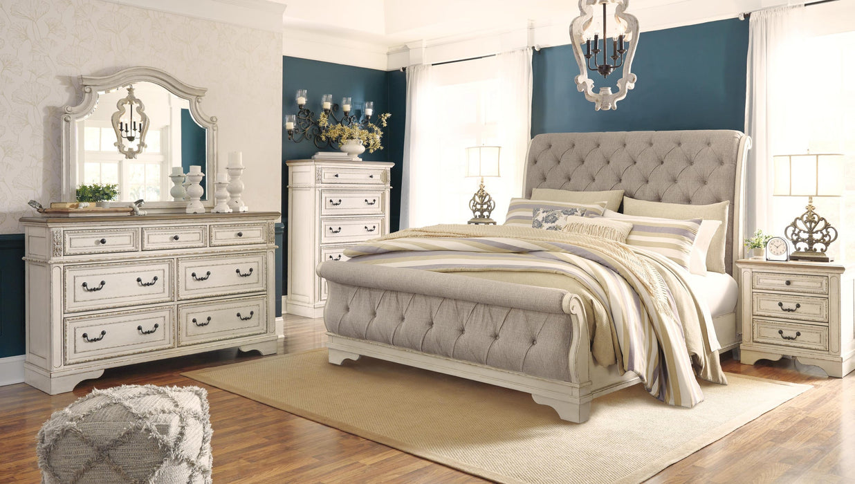 Realyn California King Sleigh Bed with Mirrored Dresser, Chest and Nightstand