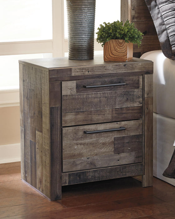 Derekson Queen Panel Bed with 2 Storage Drawers with Mirrored Dresser and Nightstand