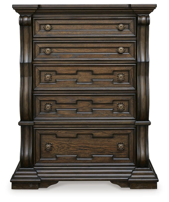 Maylee California King Upholstered Bed, Dresser, Mirror, Chest and Nightstand