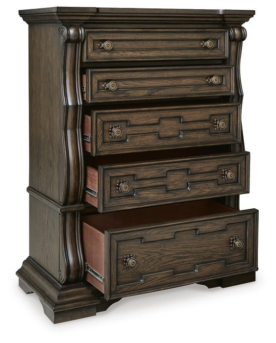 Maylee California King Upholstered Bed, Dresser, Mirror, Chest and Nightstand