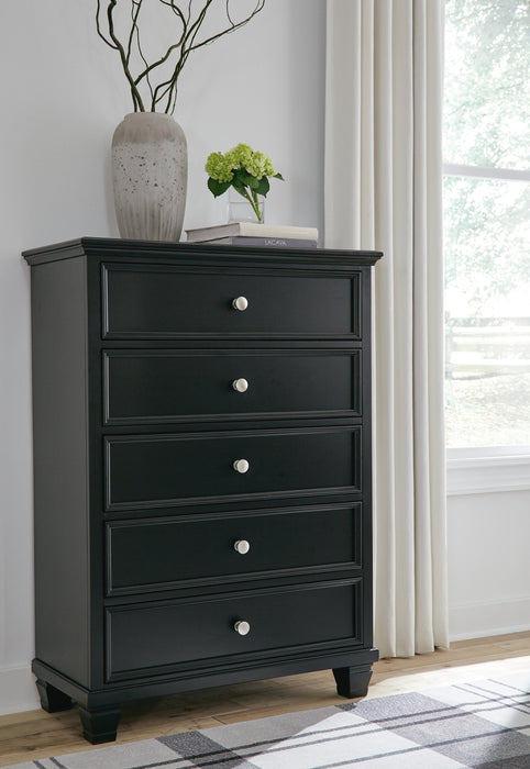 Lanolee King Panel Bed with Mirrored Dresser, Chest and Nightstand