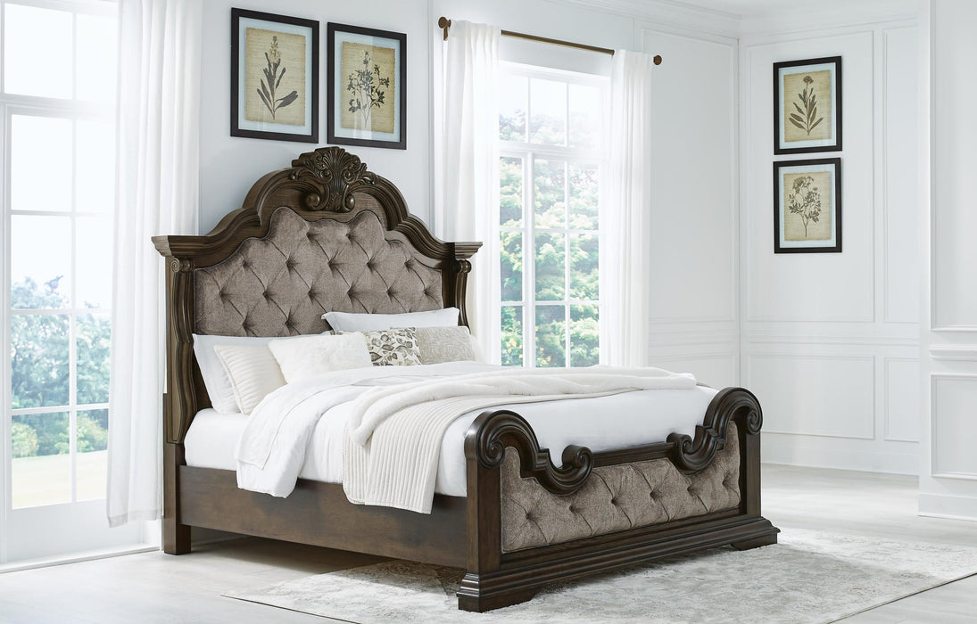 Maylee California King Upholstered Bed with Mirrored Dresser