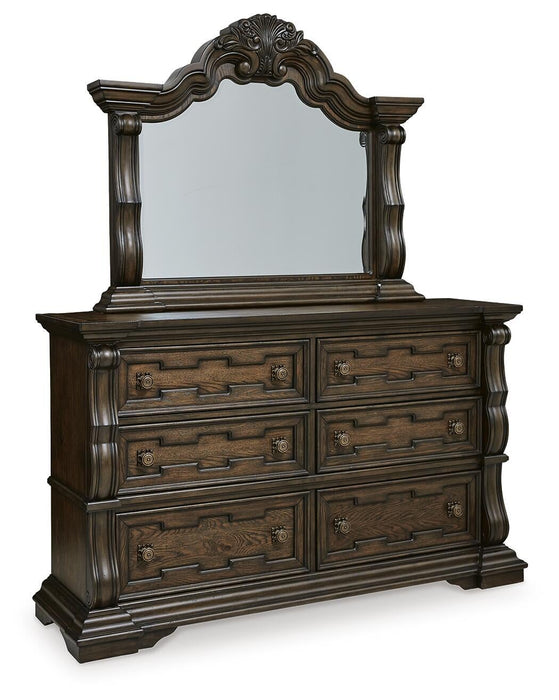 Maylee King Upholstered Bed with Mirrored Dresser and Nightstand