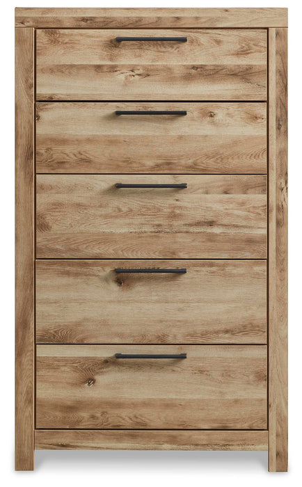 Hyanna Queen Panel Storage Bed with 1 Under Bed Storage Drawer, Dresser, Mirror, Chest and Nightstand