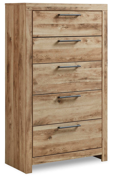 Hyanna King Panel Storage Bed with 1 Under Bed Storage Drawer, Dresser, Mirror, Chest and Nightstand