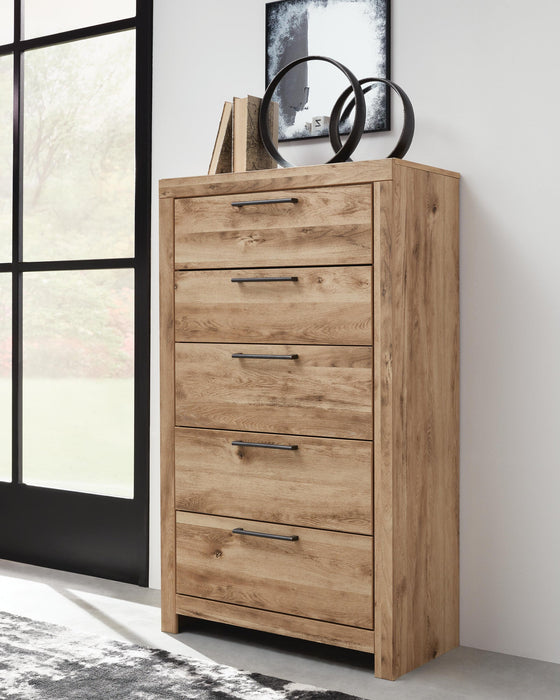 Hyanna King Panel Storage Bed with 1 Under Bed Storage Drawer, Dresser, Mirror, Chest and Nightstand