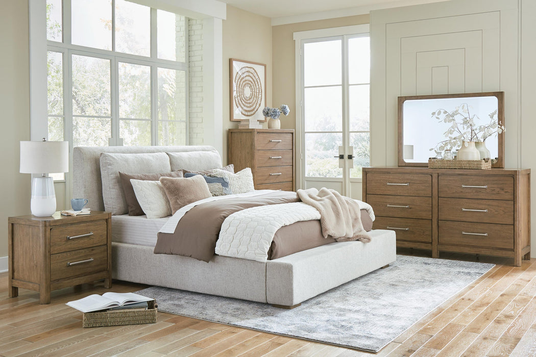 Cabalynn California King Upholstered Bed with Mirrored Dresser, Chest and Nightstand
