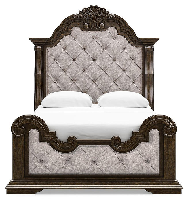 Maylee Queen Upholstered Bed, Dresser, Mirror, Chest and Nightstand
