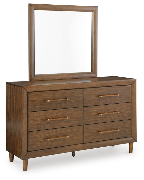 Lyncott California King Upholstered Bed with Mirrored Dresser and Nightstand