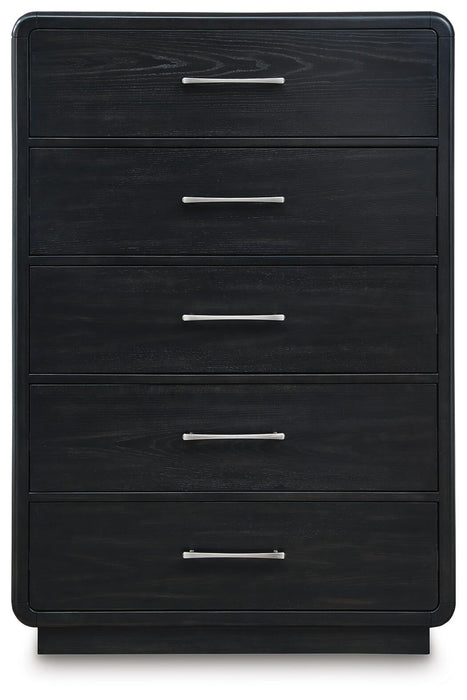 Rowanbeck King Upholstered Panel Bed, Dresser, Mirror, Chest and Nightstand