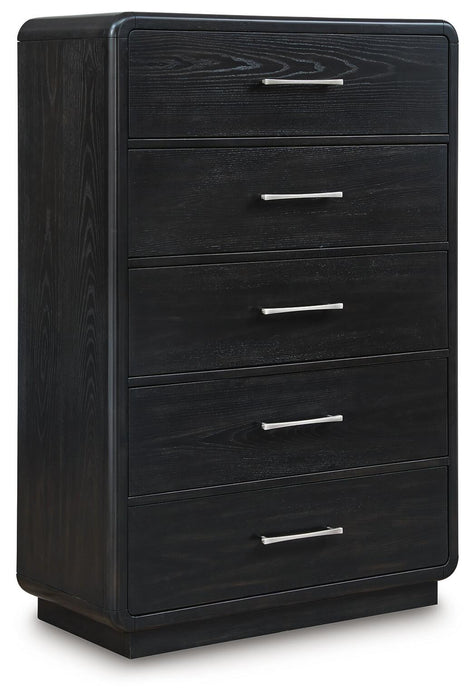 Rowanbeck King Upholstered Panel Bed, Dresser, Mirror, Chest and Nightstand